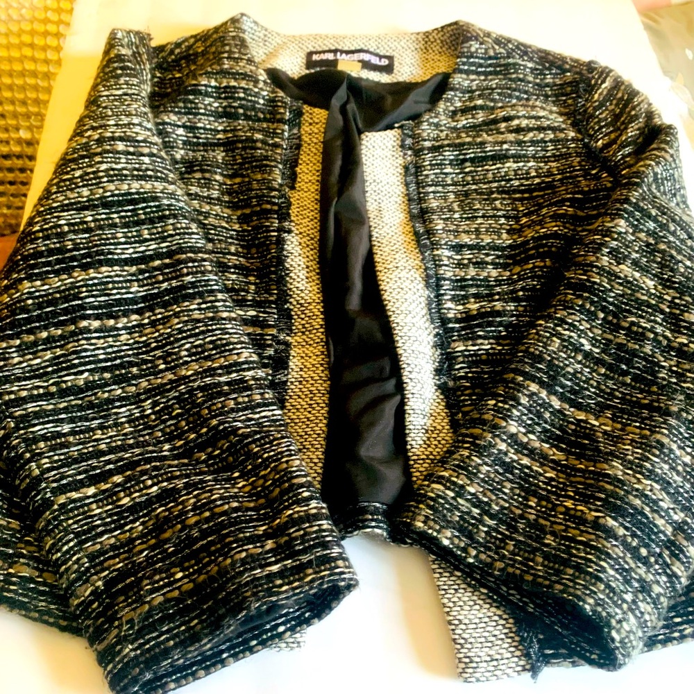 Lagerfeld medium blue and cream tweed jacket. New w out tags.
